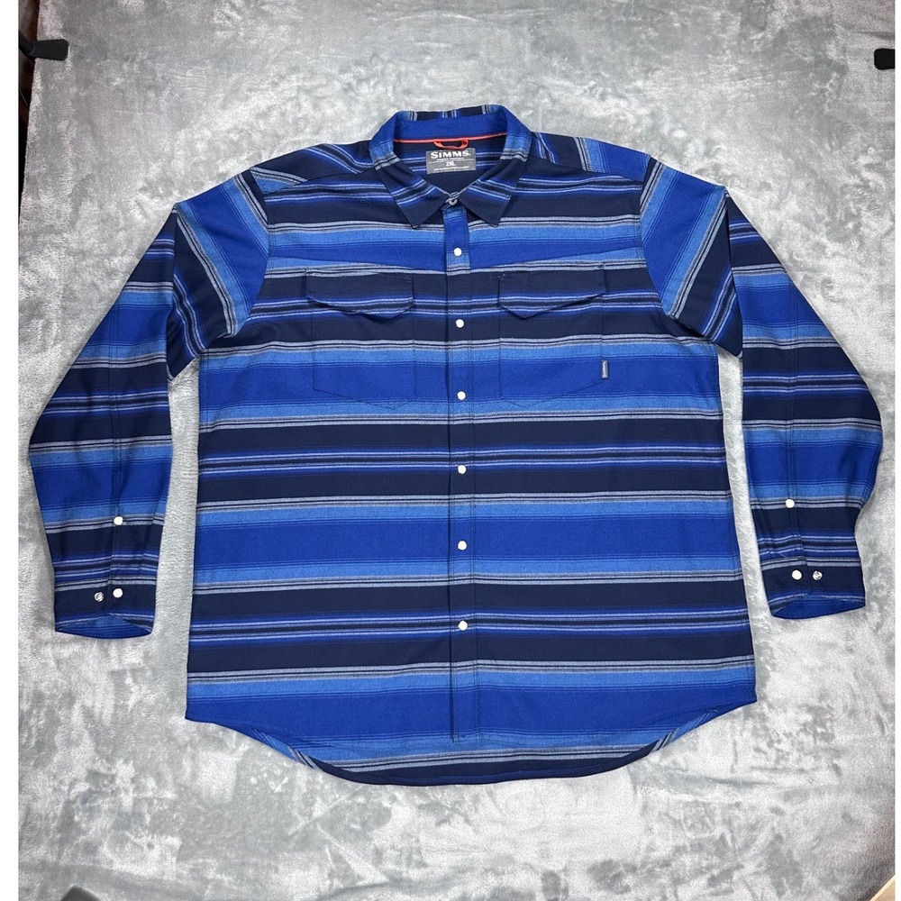 Simms Fishing Products Mens 2XL Blue Striped Long Sleeve Button Down Stretch